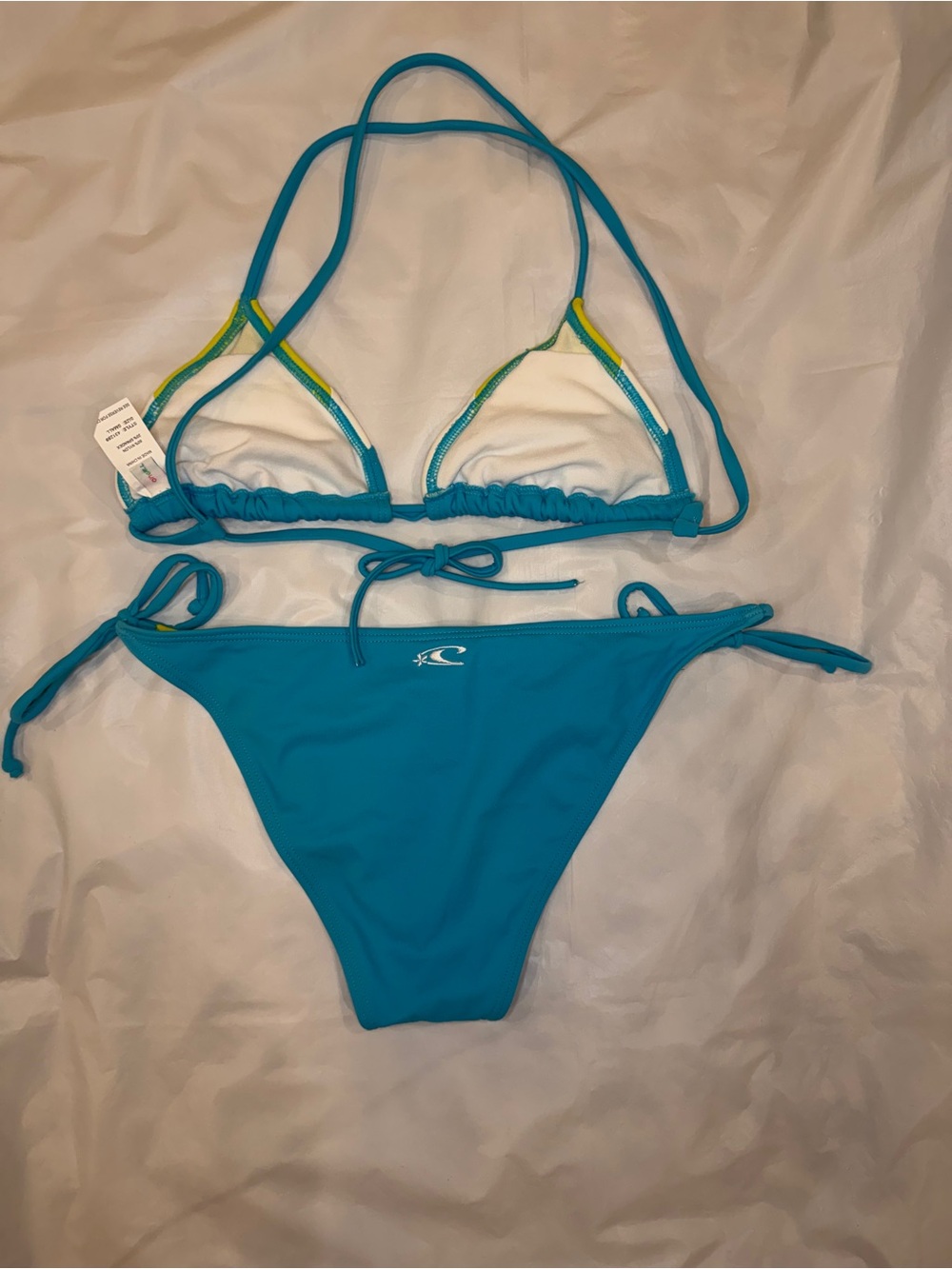 O'Neill Colorblock String Bikini Set Teal, White & Lime Green Triangle Sz S - Picture 2 of 6